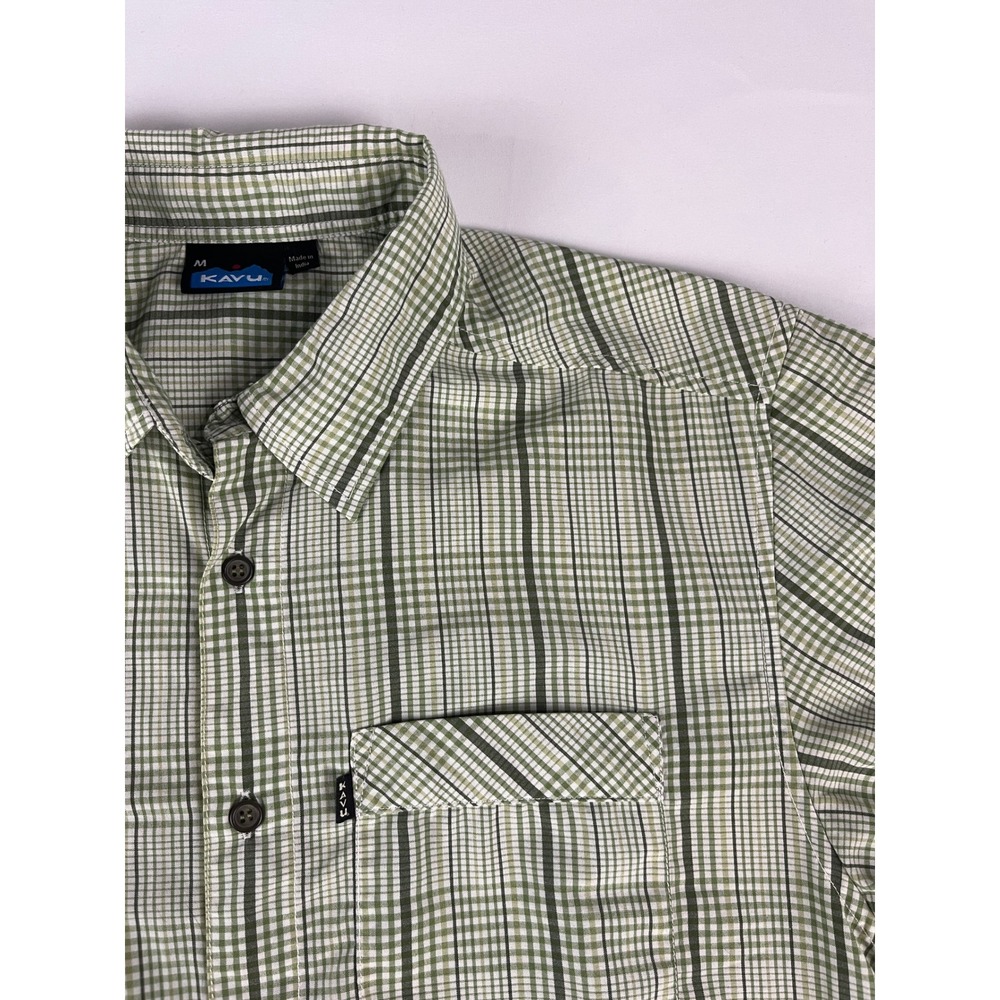 KAVU Mens Plaid Short Sleeve‎ Button Up Shirt Green Black White Size Medium